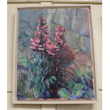 Richard Walker (20th century), pink lupins, oil on canvas, signed and indistinctly dated 8?,