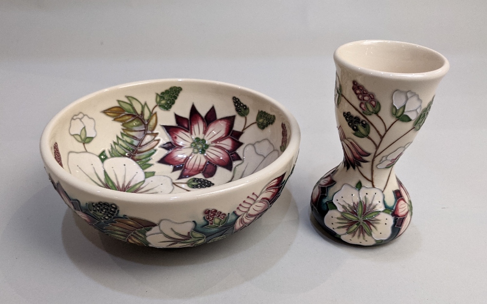 A Moorcroft pottery 'Bramble Revisited' bowl and bud vase, 11cm high