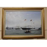 R Ashworth (Contemporary) British Naval vessels in harbour, oil on canvas, signed and dated '08,