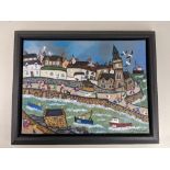 Caroline J Appleyard, naive harbour view, 'Going Fishing', acrylic on canvas, signed, 29.5cm by