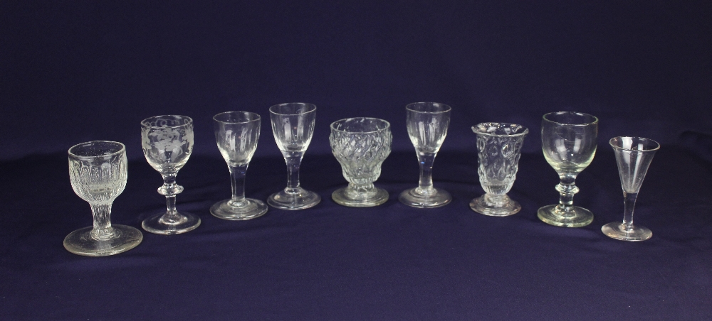 A collection of nine various 18th century and later drinking glasses, to include two Monteith type