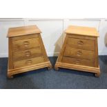 A pair of pine chinoiserie bedside tables sloping sides with three drawers on bracket base, 62cm