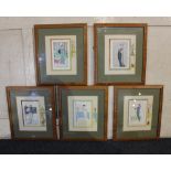 A set of five French early 20th century fashion illustrations from Costumes Parisiens framed with