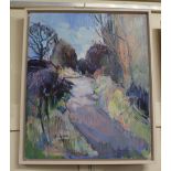 Richard Walker (20th century), distant figure on a wooded path, oil on canvas board, signed,