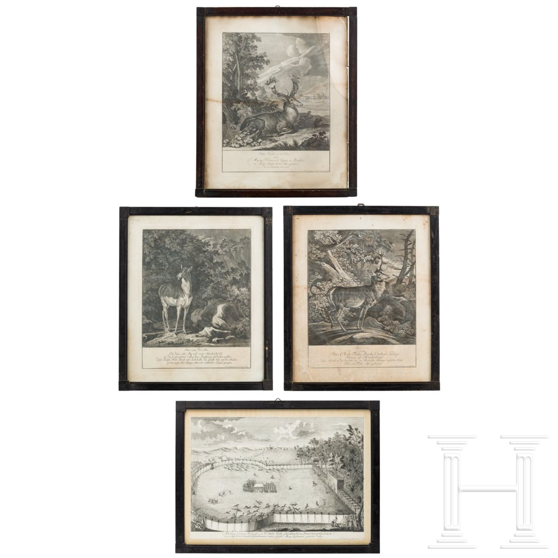 Vier jagdliche Stiche, davon drei von Johann Elias Ridinger, Augsburg, um 1760