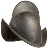 Geschwärzter und bemalter Morion, Italien, um 1600