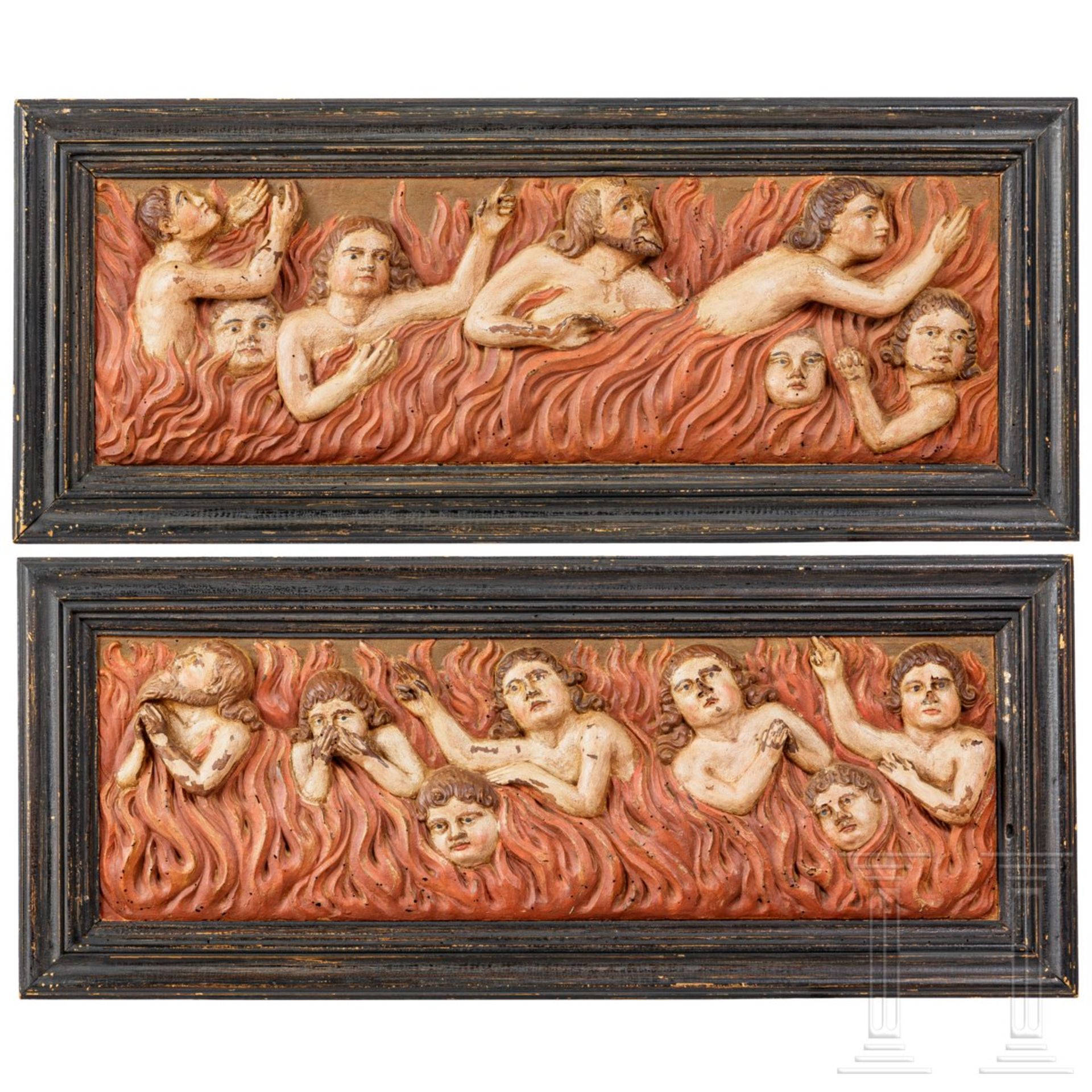 Ein Paar Reliefschnitzereien der armen Seelen im Fegefeuer, Italien, 17. Jhdt.