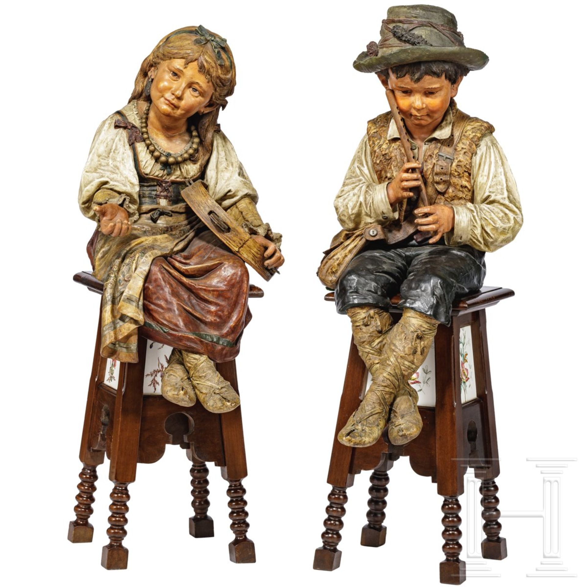 Ein Paar Keramikfiguren "Musizierende Bettler-Kinder", Italien, um 1900