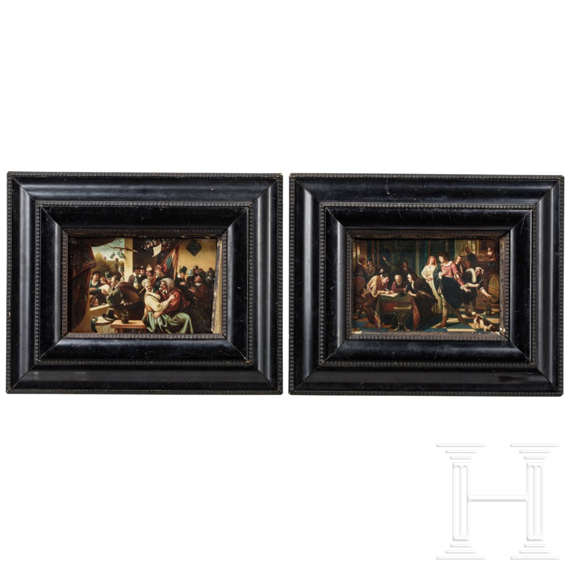 Ein Paar kleine Genrebilder in der Art des Jan Steen, flämisch, 19. Jhdt.