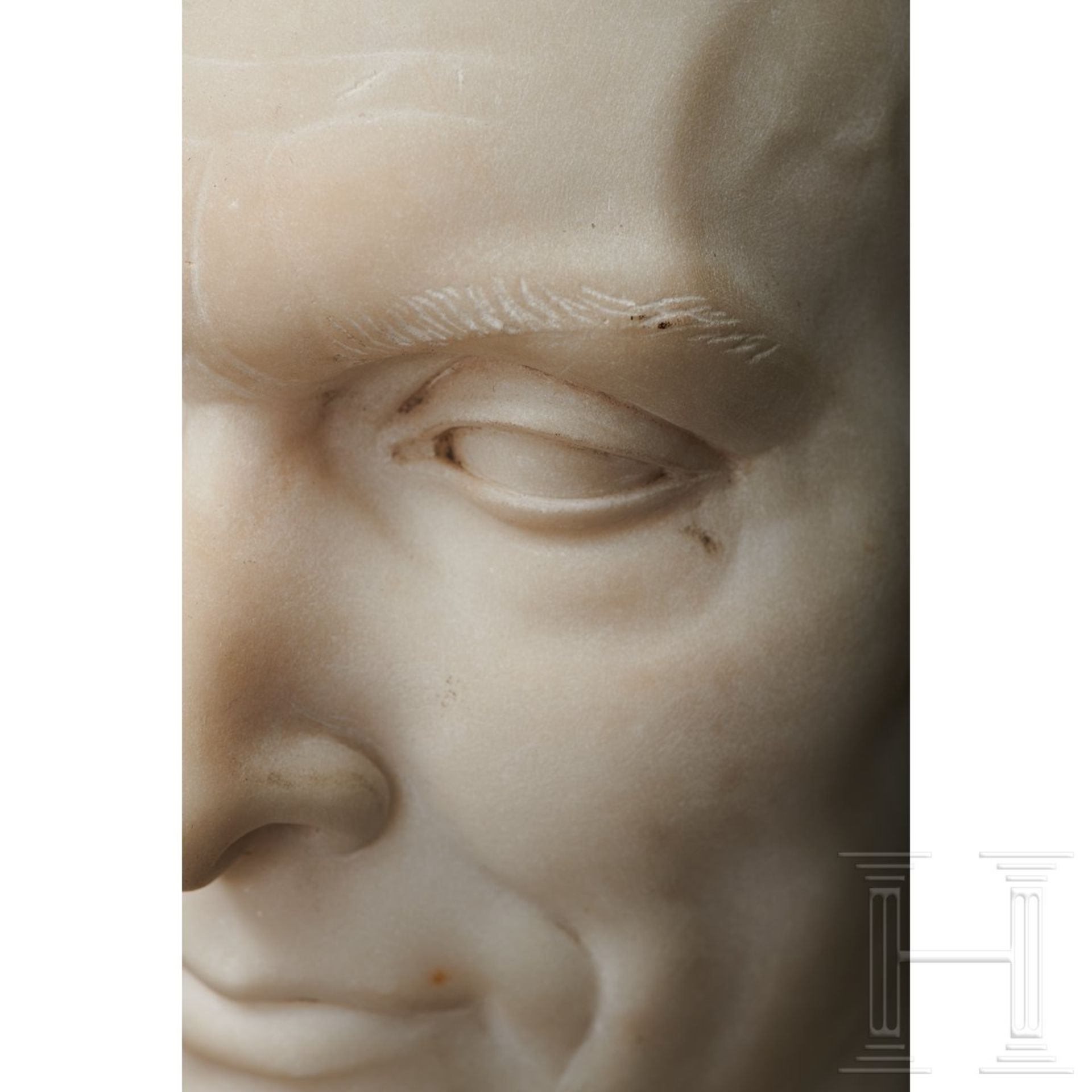 Lebensgroße Marmorbüste Voltaires, Frankreich, 1. Hälfte 19. Jhdt. - Bild 6 aus 9