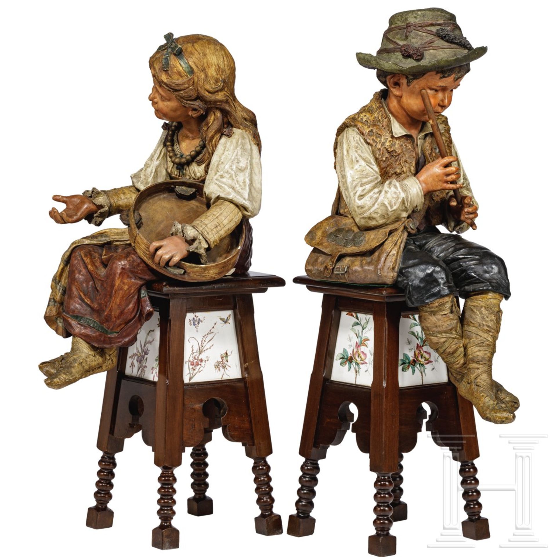 Ein Paar Keramikfiguren "Musizierende Bettler-Kinder", Italien, um 1900 - Image 2 of 6