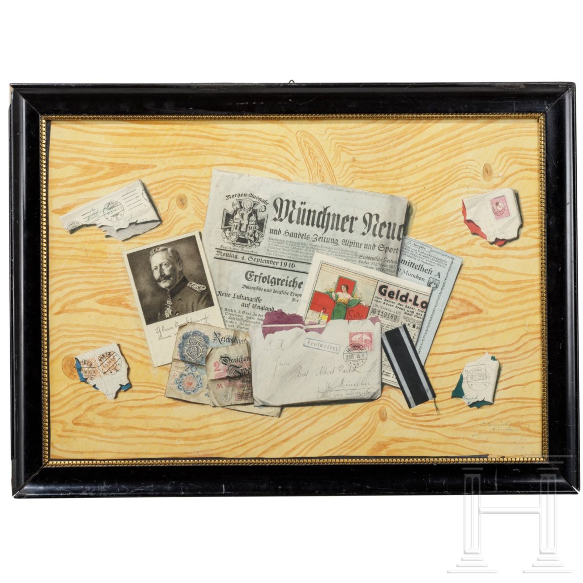 Trompe-l'oeil mit Briefen und Zeitung aus dem 1. Weltkrieg, München, 1916