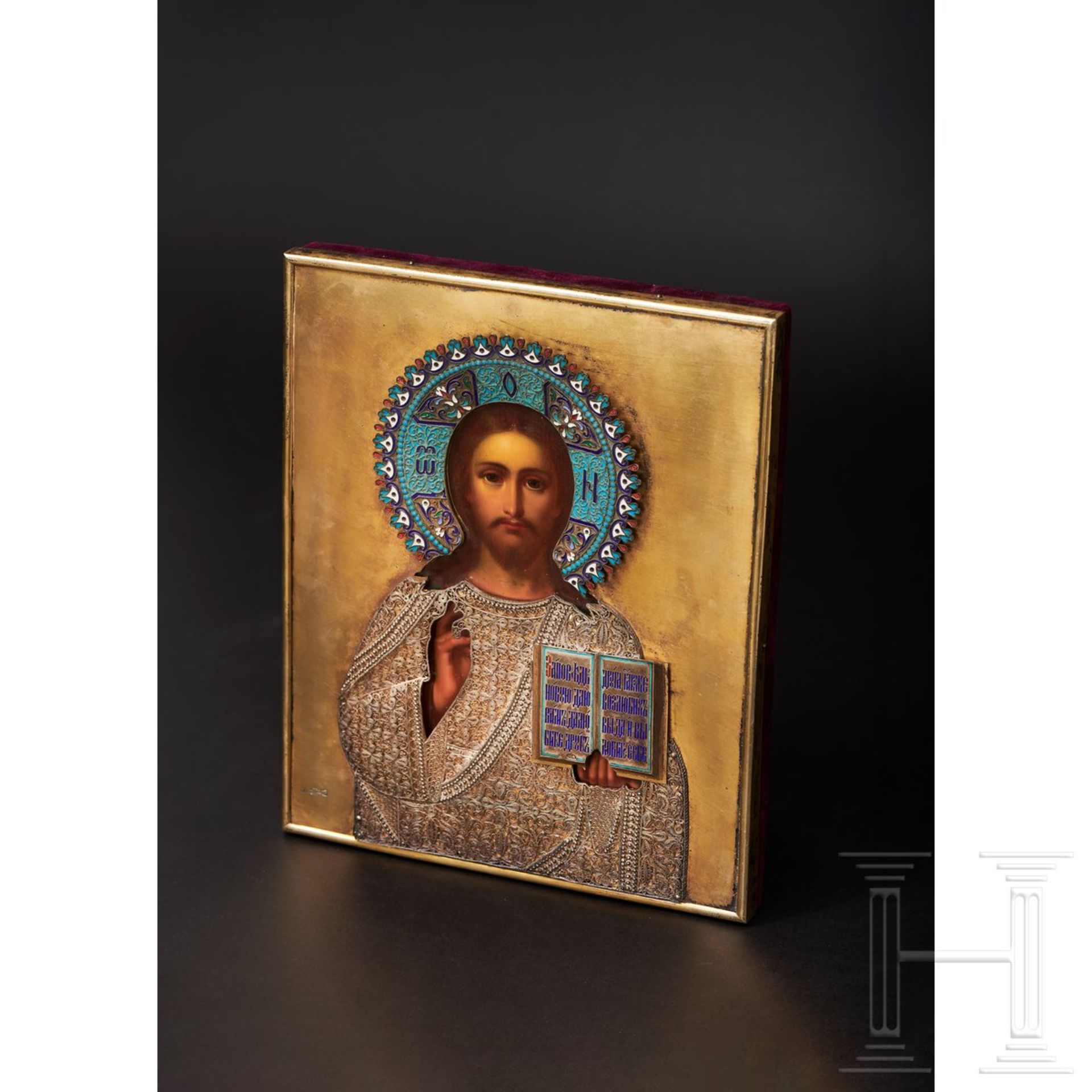 Prunkvolle Ikone "Christus Pantokrator" mit silbernem und teils emailliertem Oklad, Russland/Moskau, - Image 6 of 18