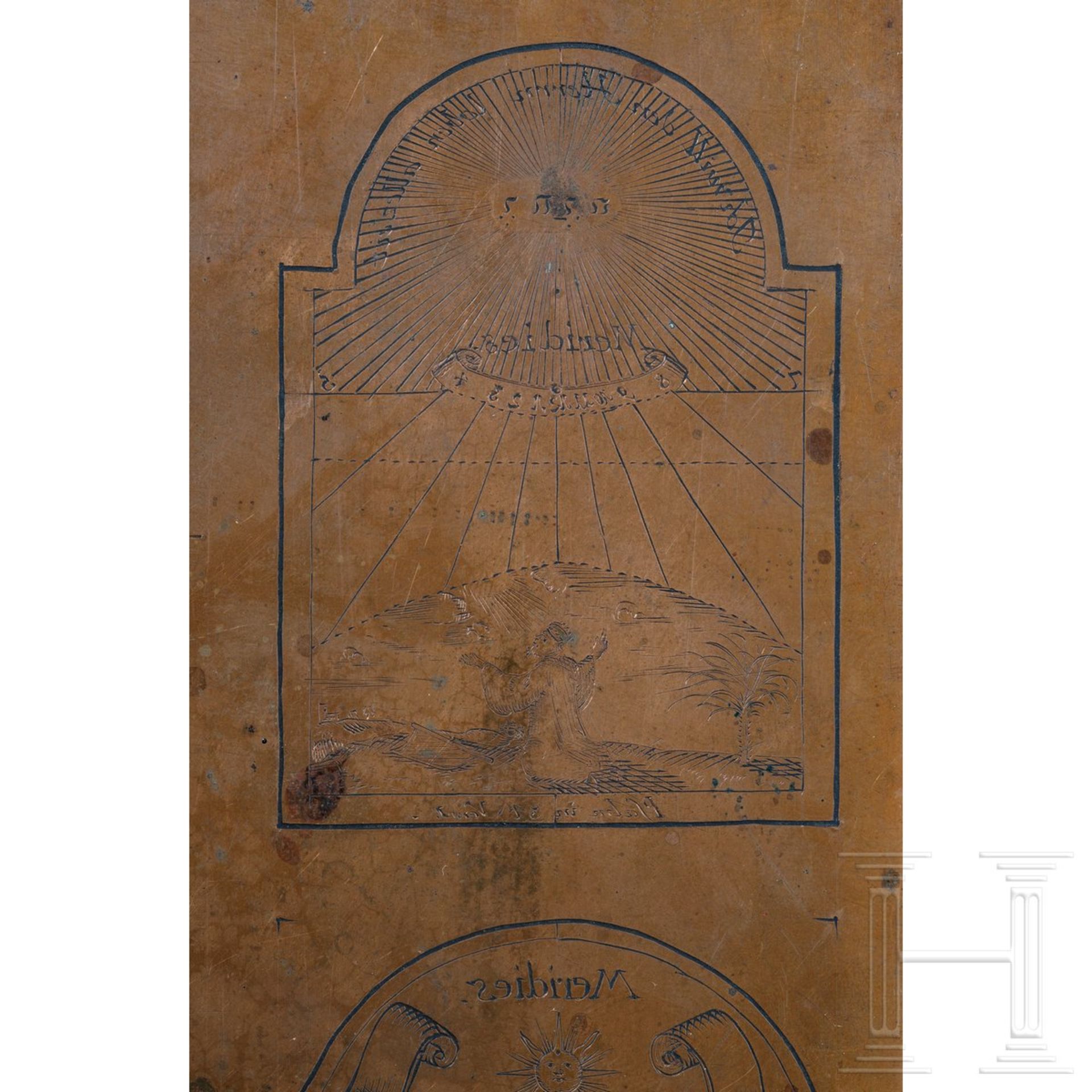 Kupferstichplatte für Sonnenuhrskalen, Schwaben, datiert 1744 - Bild 3 aus 3
