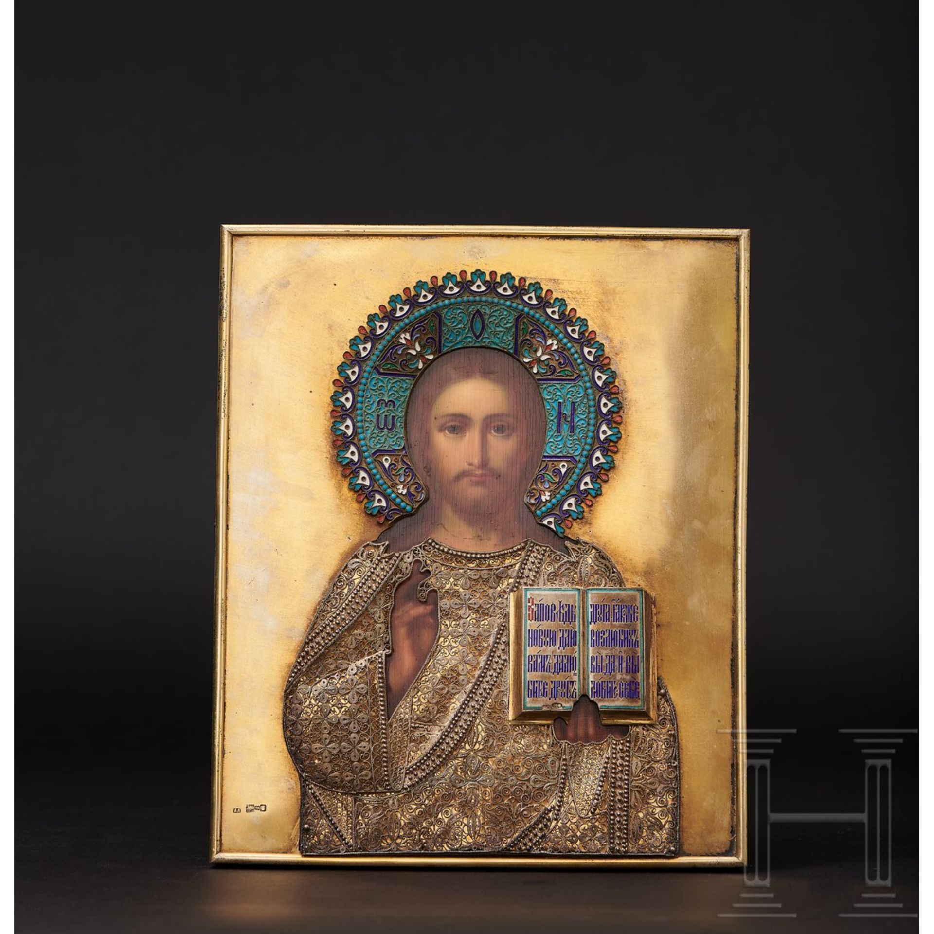 Prunkvolle Ikone "Christus Pantokrator" mit silbernem und teils emailliertem Oklad, Russland/Moskau, - Image 3 of 18