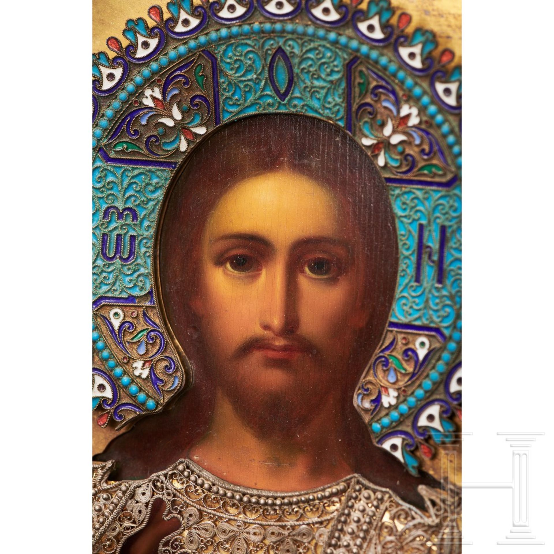 Prunkvolle Ikone "Christus Pantokrator" mit silbernem und teils emailliertem Oklad, Russland/Moskau, - Image 17 of 18