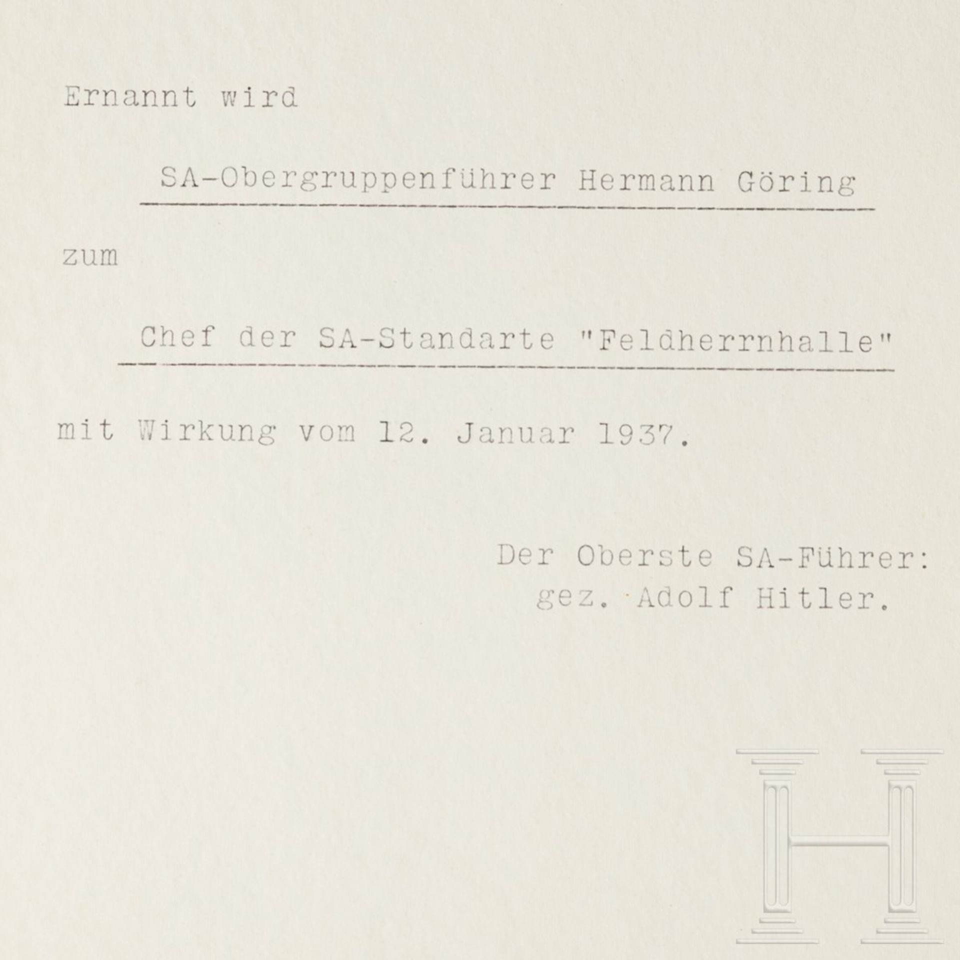 <de>Aktenabschrift der Ernennungsurkunde Görings zum Chef der SA-Standarte "Feldherrnhalle" vom 12.  - Bild 3 aus 3