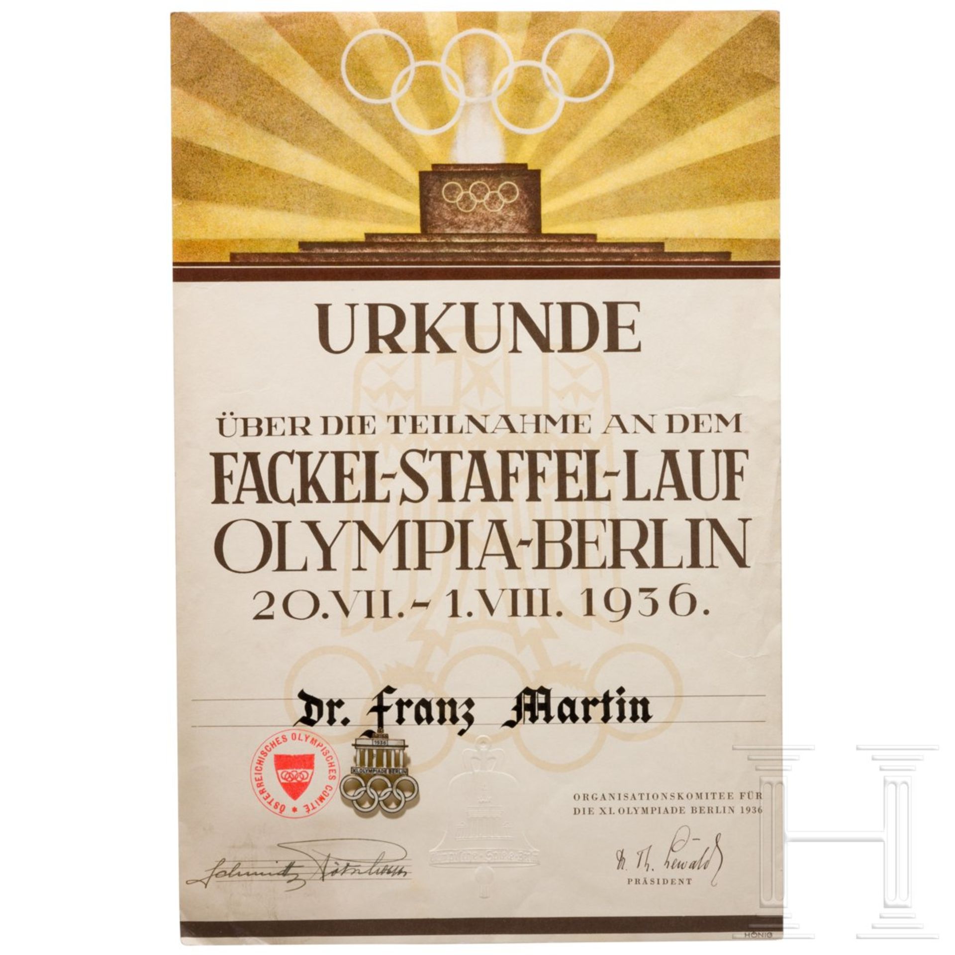 <de>Olympiade 1936 in Garmisch – Dr. Franz Martin, Fackel, Urkunde, Abzeichen<br>Fackelhalter der Fa - Bild 4 aus 8