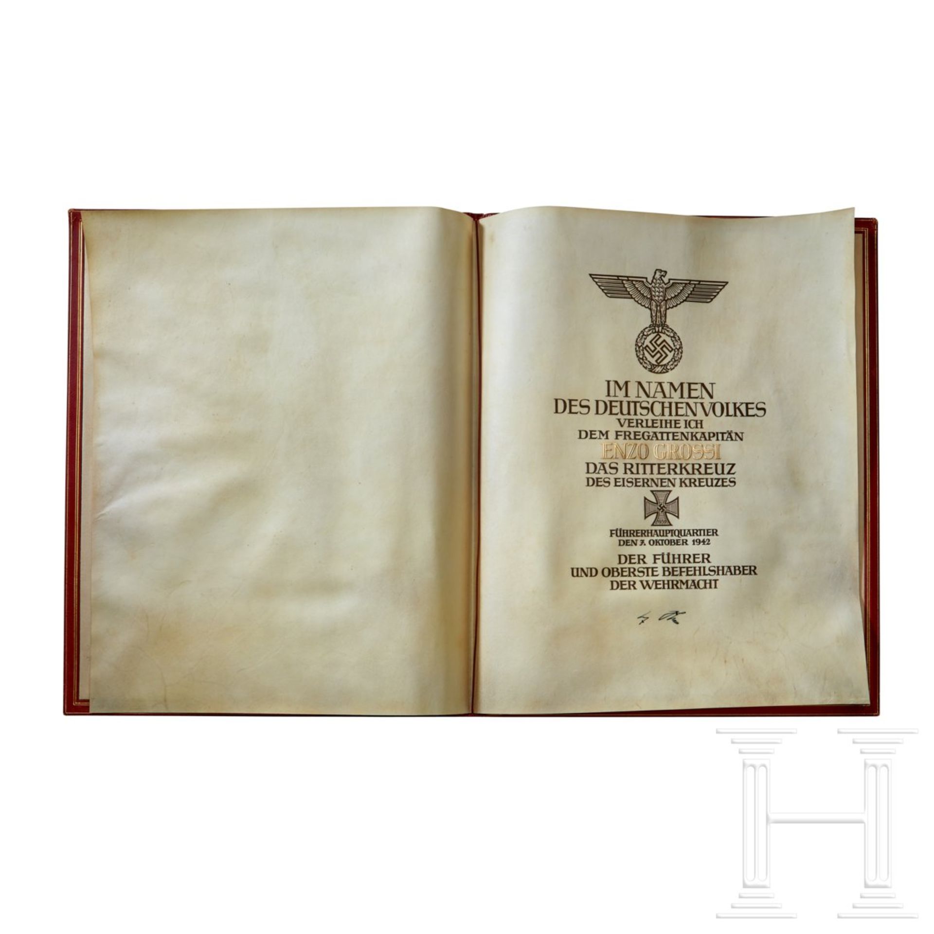Fregattenkapitan Enzo Grossi – an Award Document with Folder to the Knight's Cross of the Iron Cross - Image 3 of 9