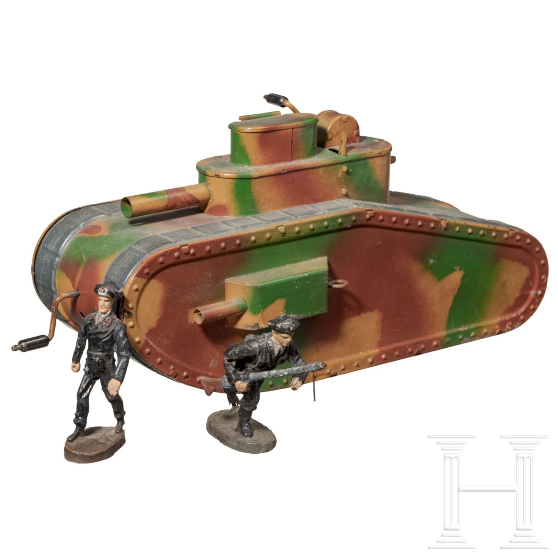 <de>Hausser-Tank 0/730 mimikry mit zwei Elastolin-Panzersoldaten<br>Hausser-Tank 0/730, Blech-Massea