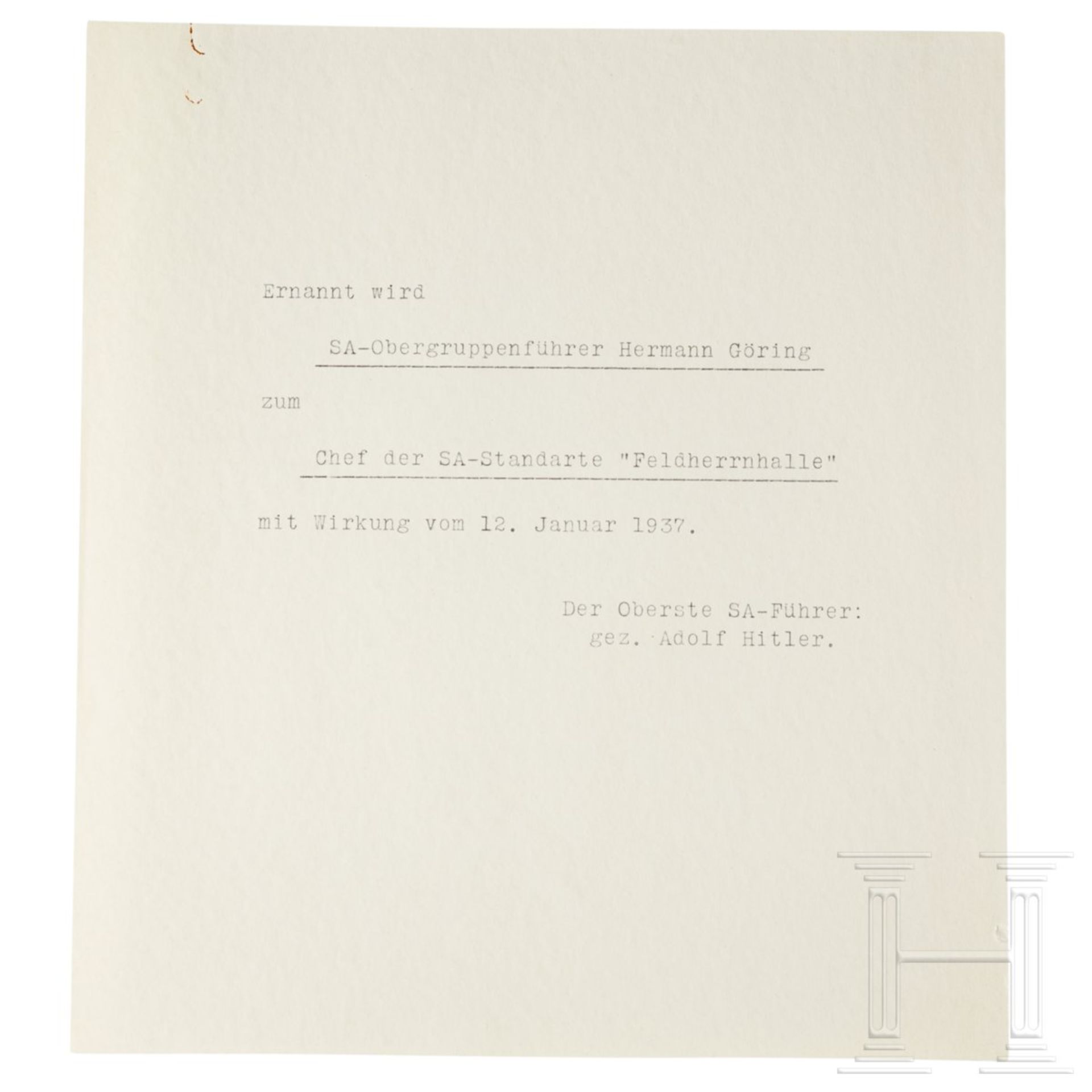<de>Aktenabschrift der Ernennungsurkunde Görings zum Chef der SA-Standarte "Feldherrnhalle" vom 12. 