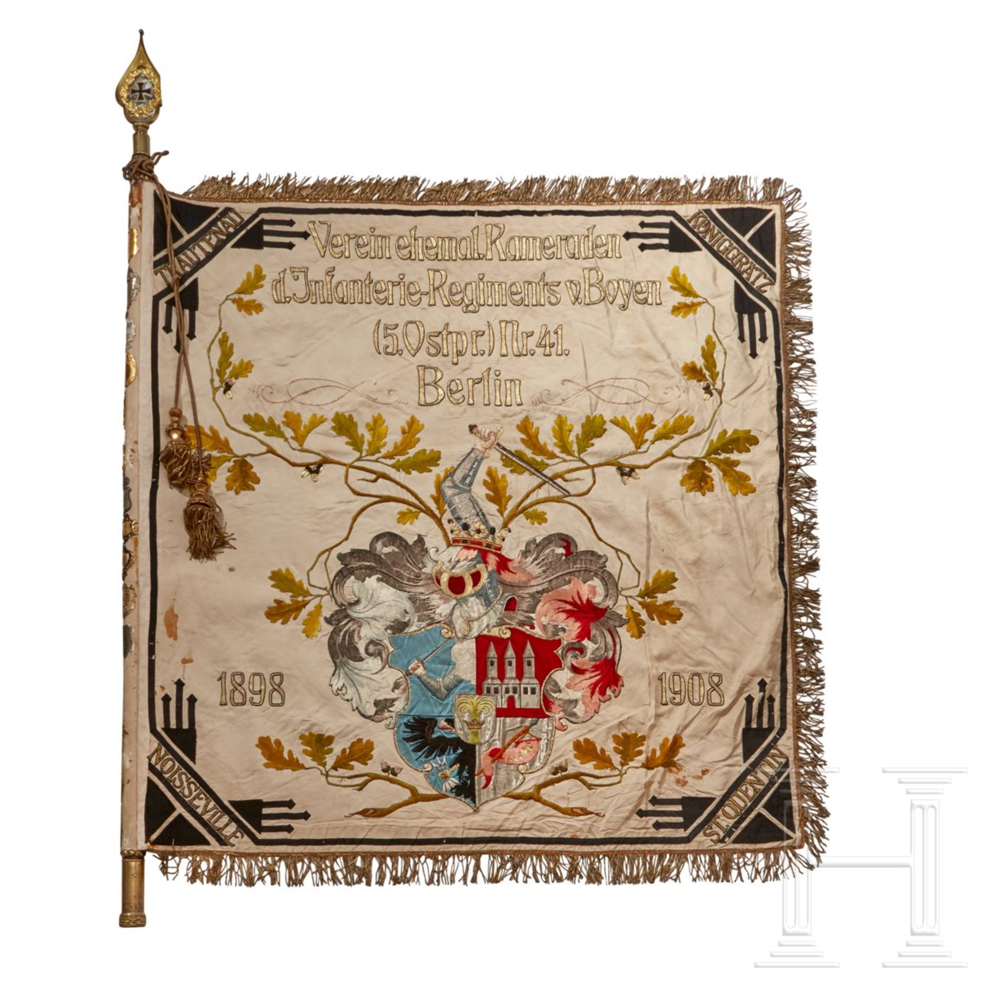 A Veteran Regimental FlagDouble sided white silk base, elaborate embroidery of various colored and