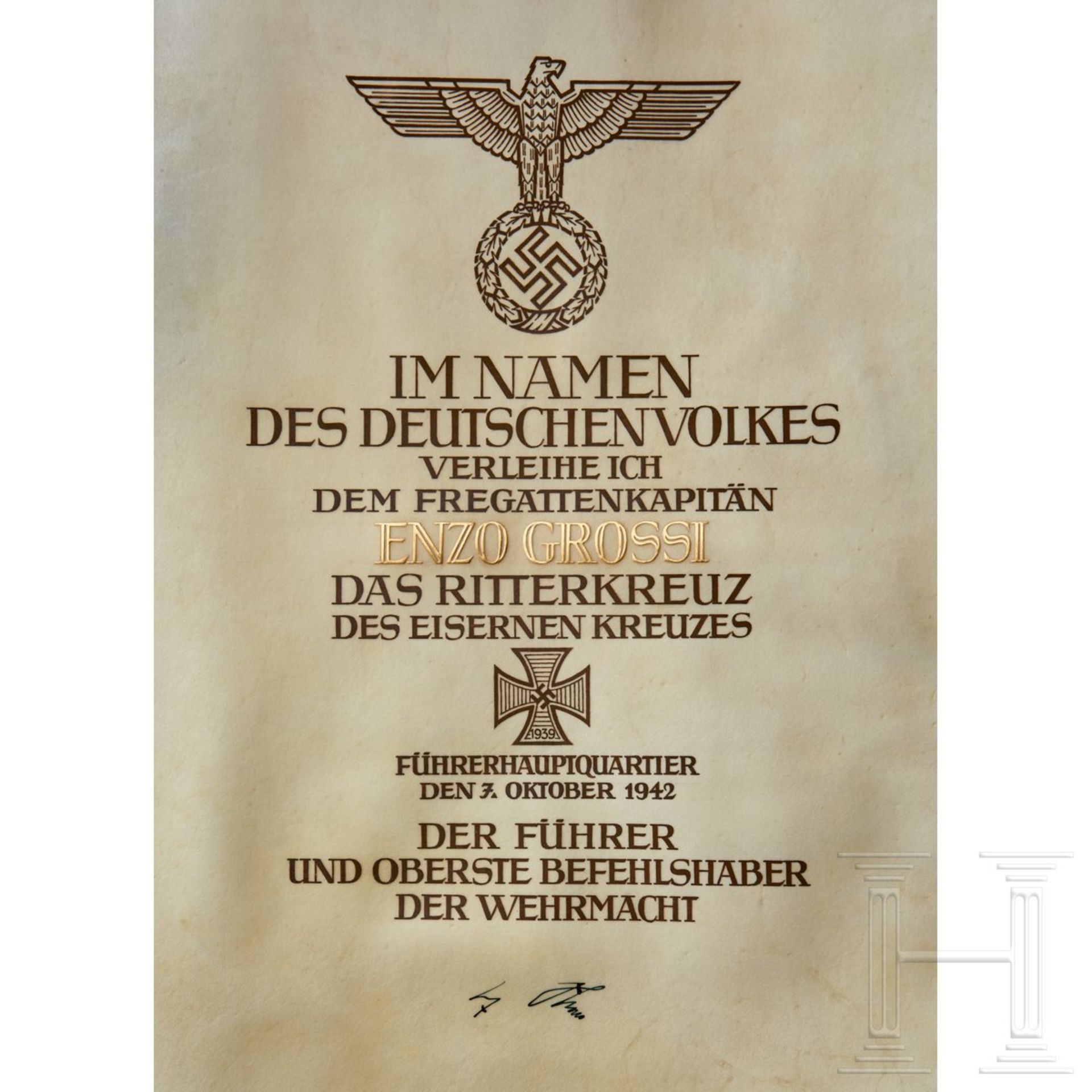 Fregattenkapitan Enzo Grossi – an Award Document with Folder to the Knight's Cross of the Iron Cross - Image 6 of 9
