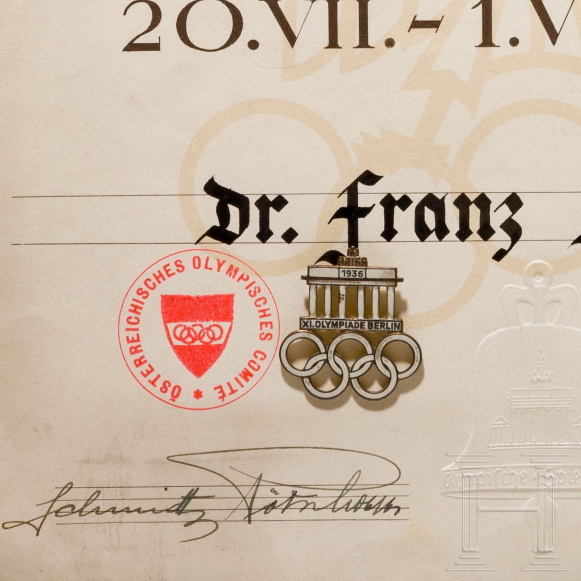 <de>Olympiade 1936 in Garmisch – Dr. Franz Martin, Fackel, Urkunde, Abzeichen<br>Fackelhalter der Fa - Bild 7 aus 8