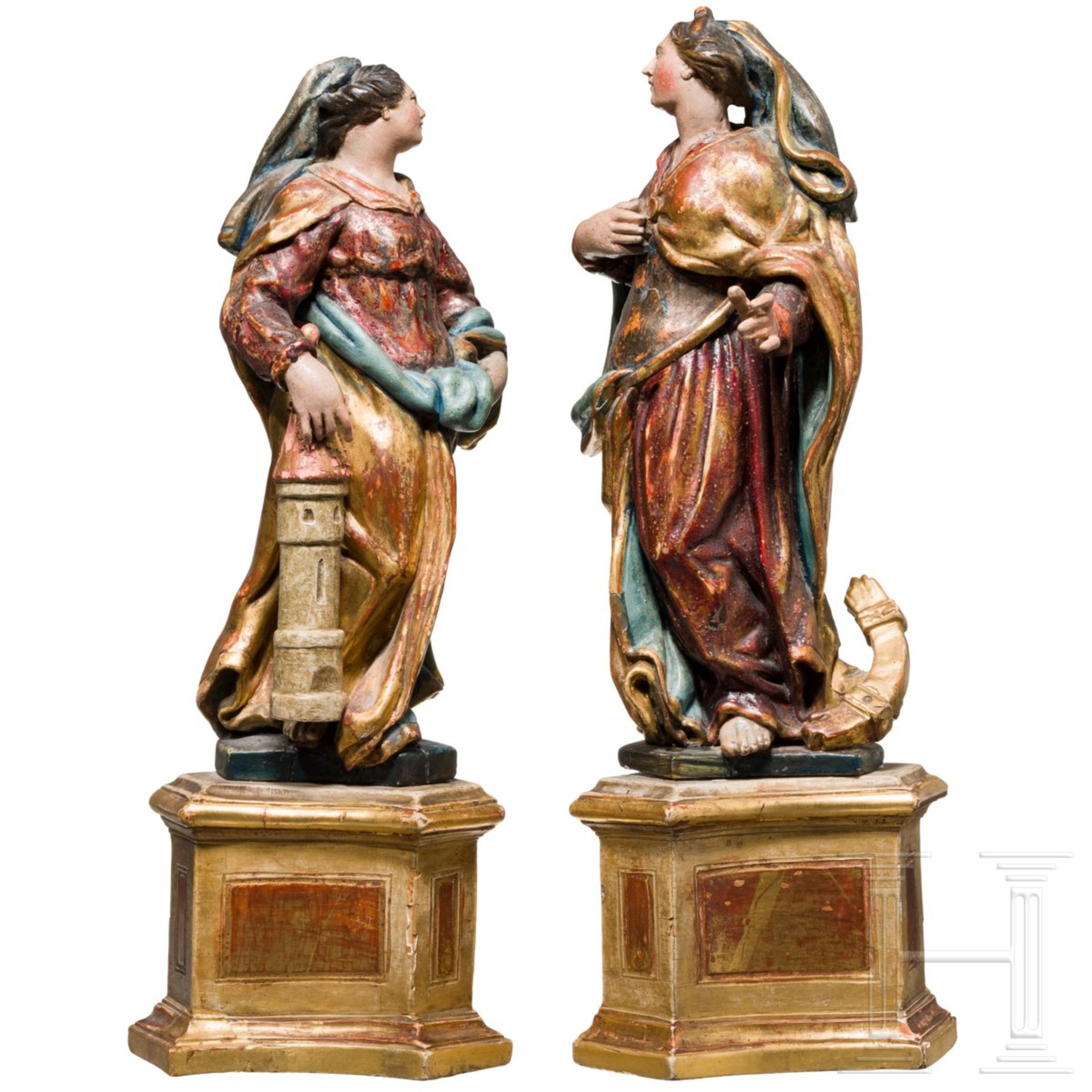 Ein Paar Heiligenfiguren, Katharina und Barbara, süddeutsch, Mitte 18. Jhdt. - Bild 3 aus 6