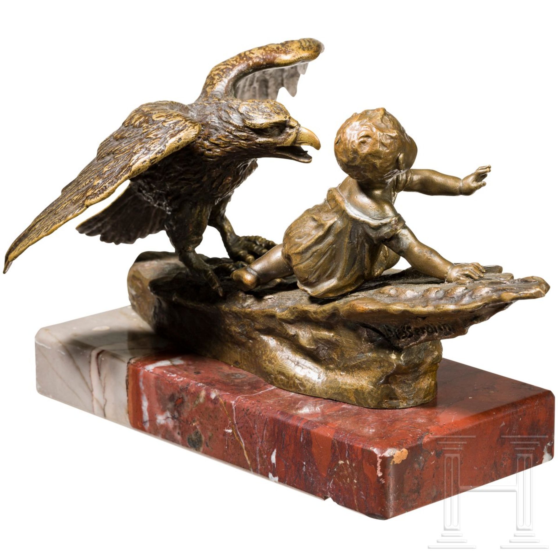 Ruffino Besserdich (1852 - ?) - kleine Bronzeskulptur eines weinenden Kindes mit Adler - Bild 2 aus 3