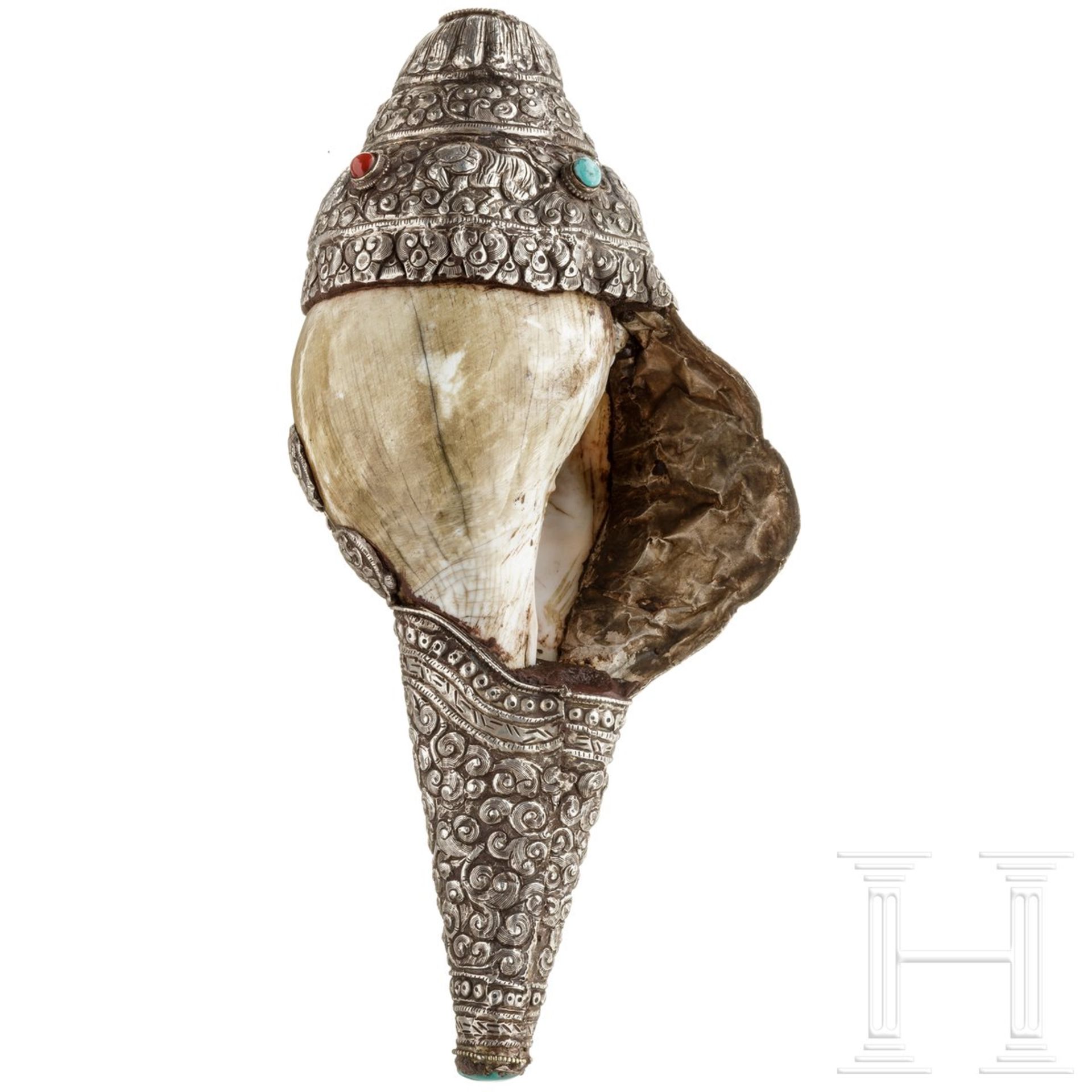 Silbermontiertes Schneckenhorn (Shankha), Tibet, 19. Jhdt. - Bild 2 aus 4