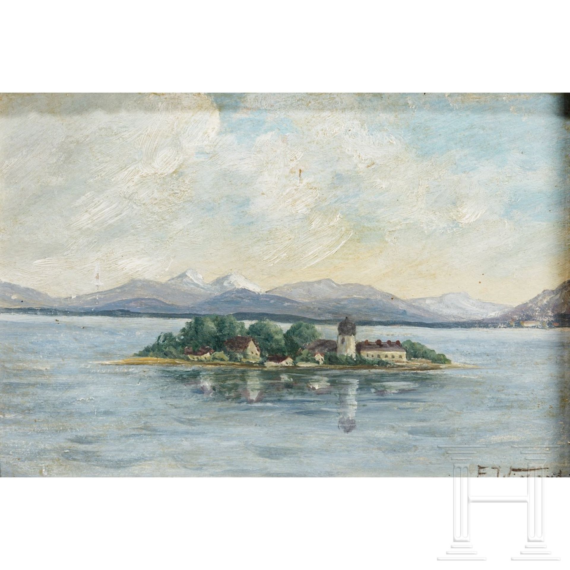 Blick auf die Fraueninsel mit den Chiemgauer Alpen, datiert 1912 - Image 3 of 5