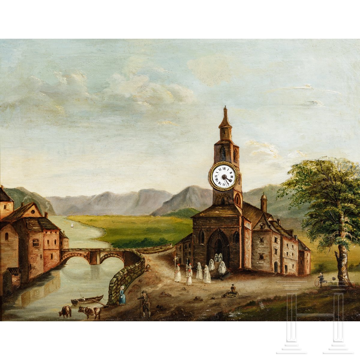 Uhrenbild "Kapelle am Fluss", deutsch, 19. Jhdt. - Image 3 of 9