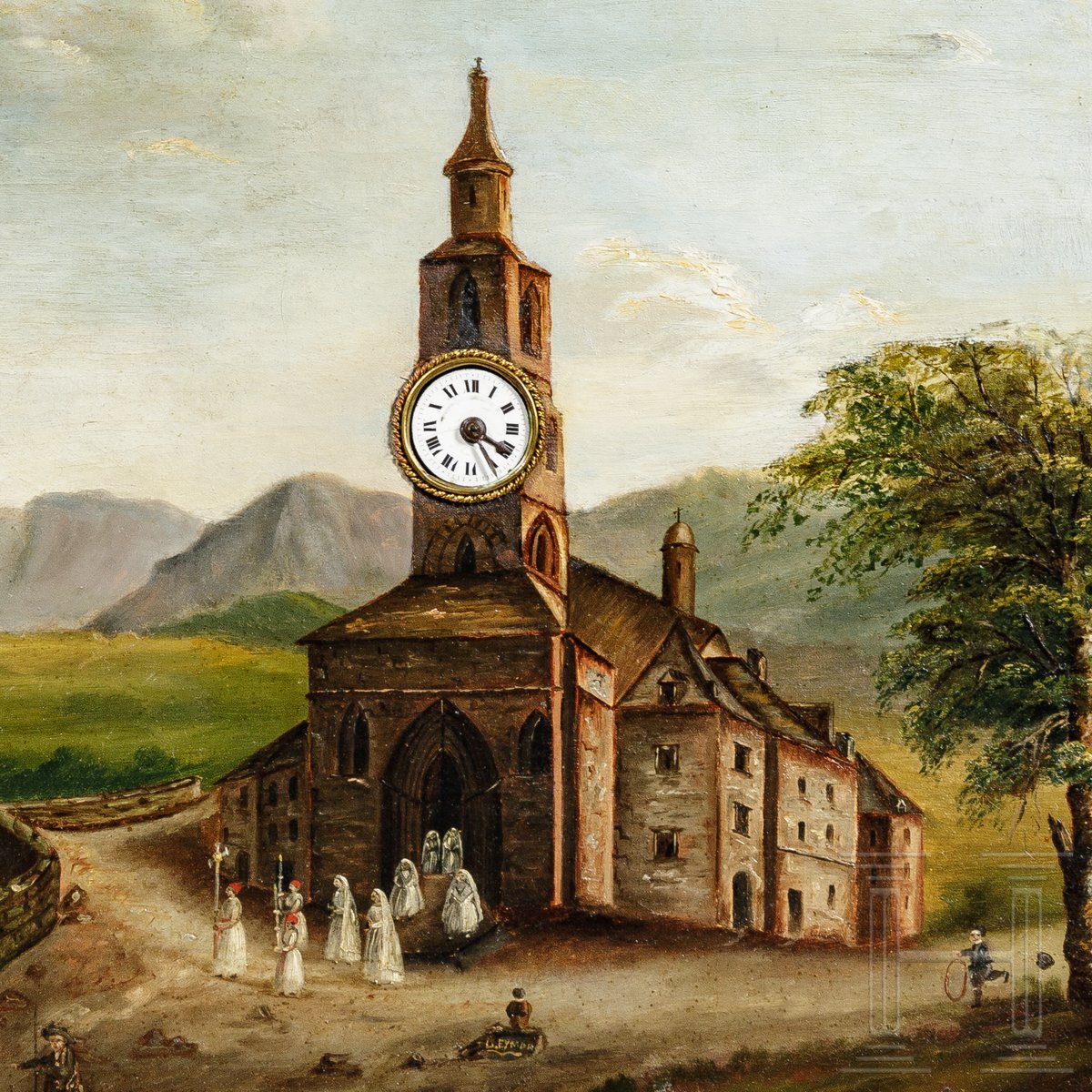 Uhrenbild "Kapelle am Fluss", deutsch, 19. Jhdt. - Image 5 of 9