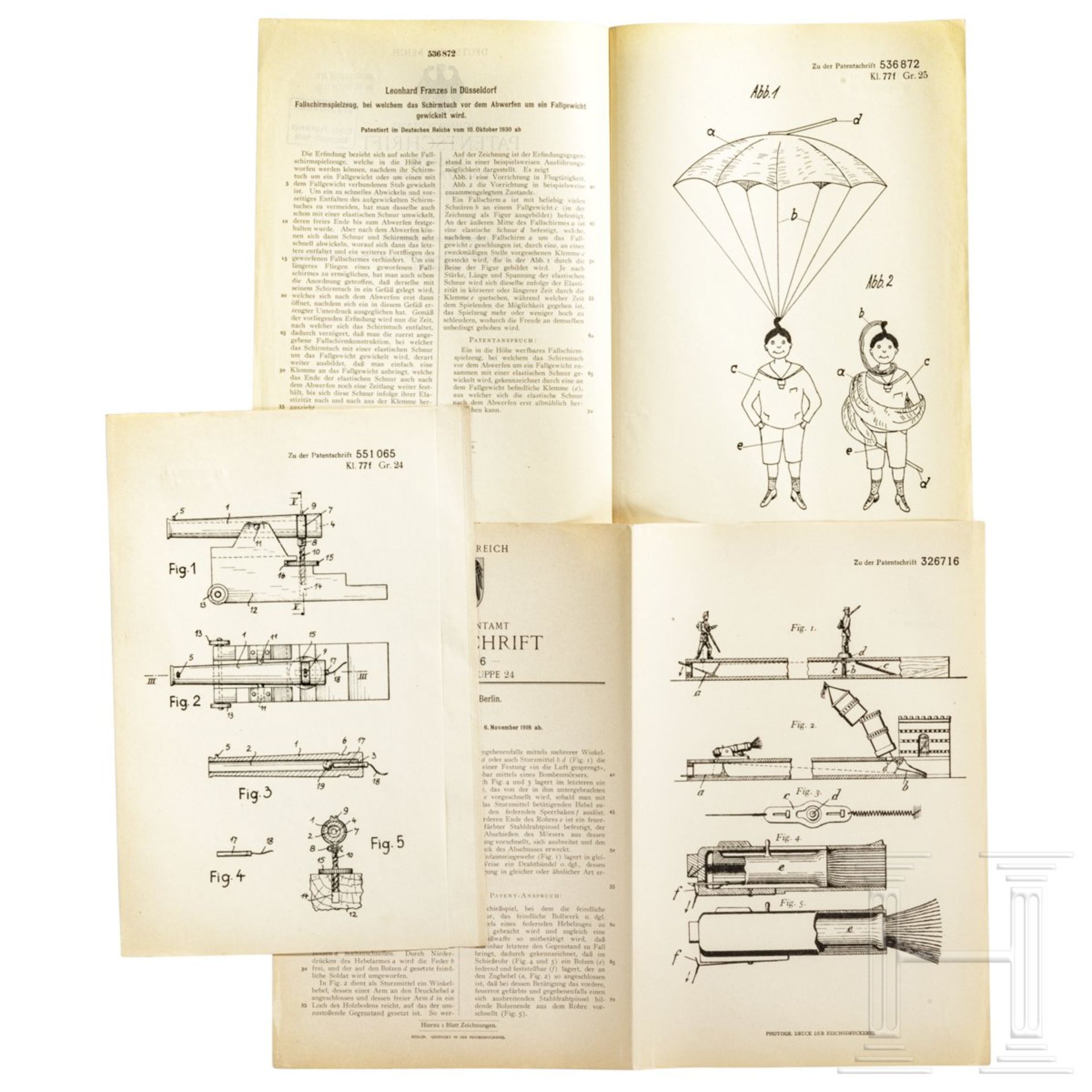 21 Spielzeug-Patentschriften von 1914-32, Reichspatentamt, mit Lehmann "Spielzeugschnellfeuergeschüt - Bild 2 aus 2