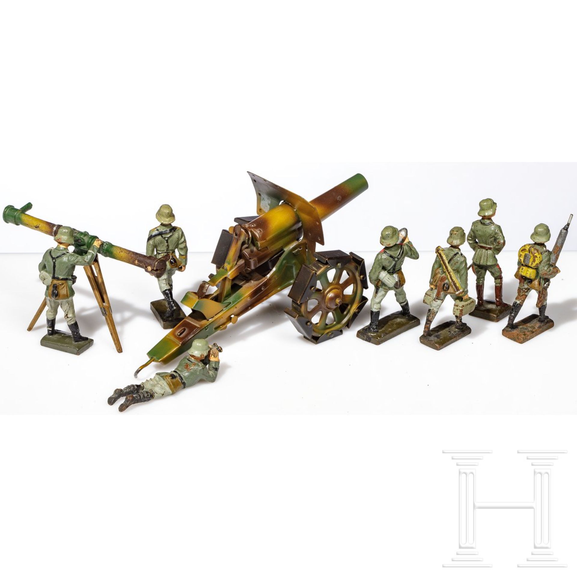 Hausser-Mörser 712 mit Laufschuhen, mimikry, sowie sieben Lineol-Soldaten mit Mann am Entfernungsmes - Bild 2 aus 4