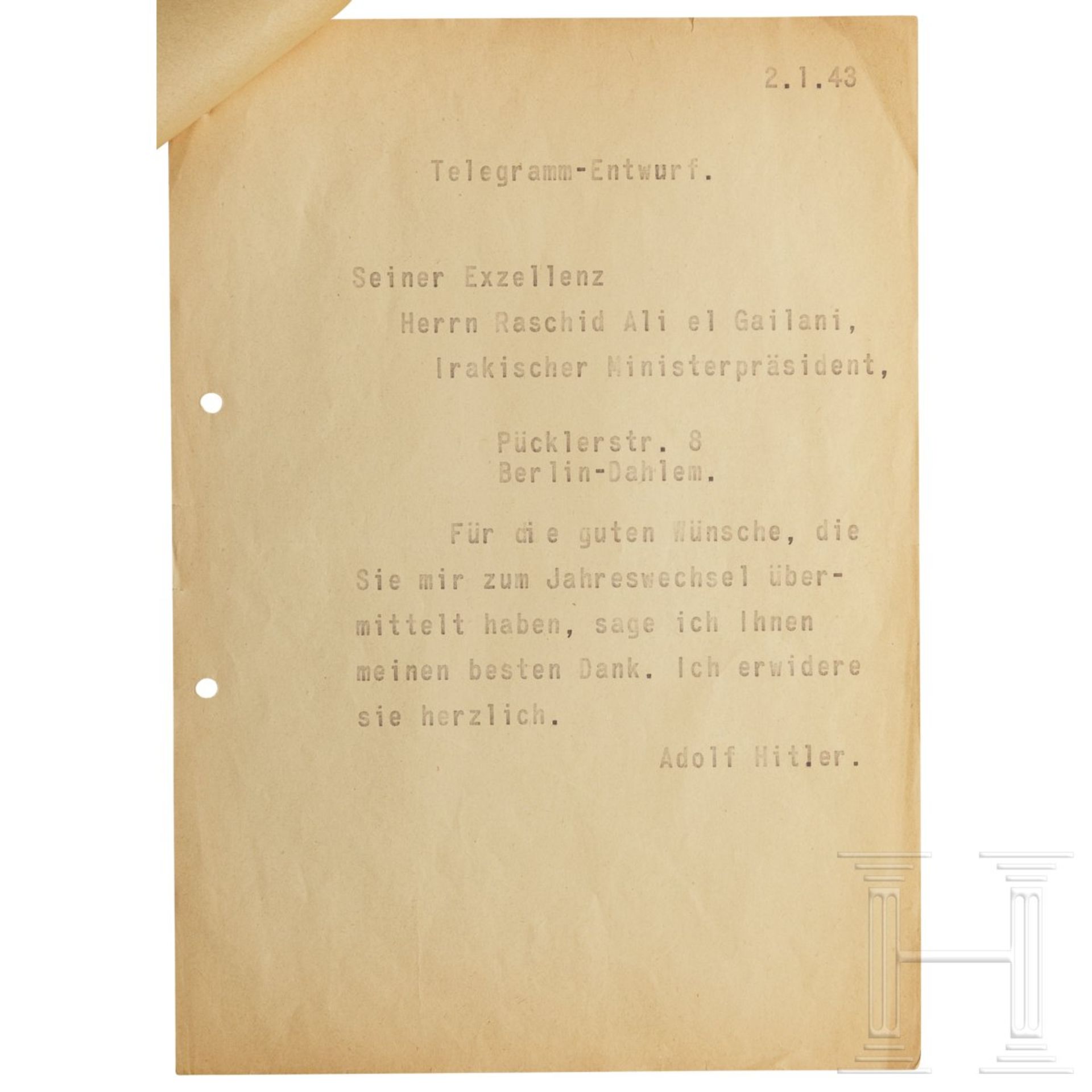 Raschid Ali al-Gailani - Abschrift des Glückwunschtelegramms des irakischen Ministerpräsidenten zum - Image 2 of 2