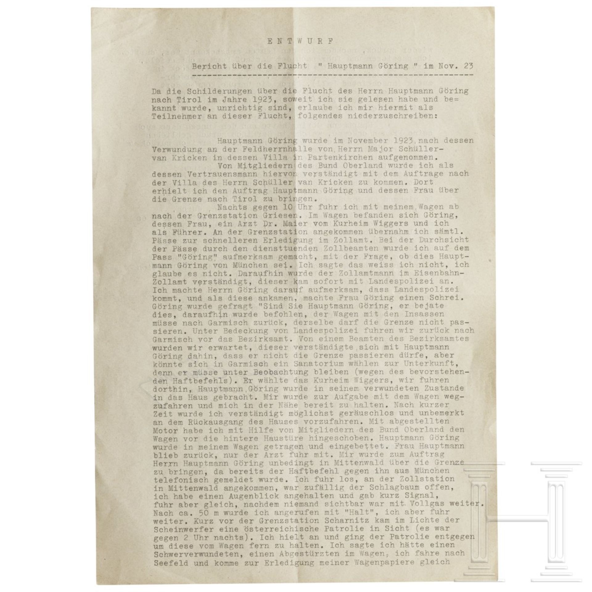 Entwurf zum Bericht über die Flucht "Hauptmann Görings" im November 1923