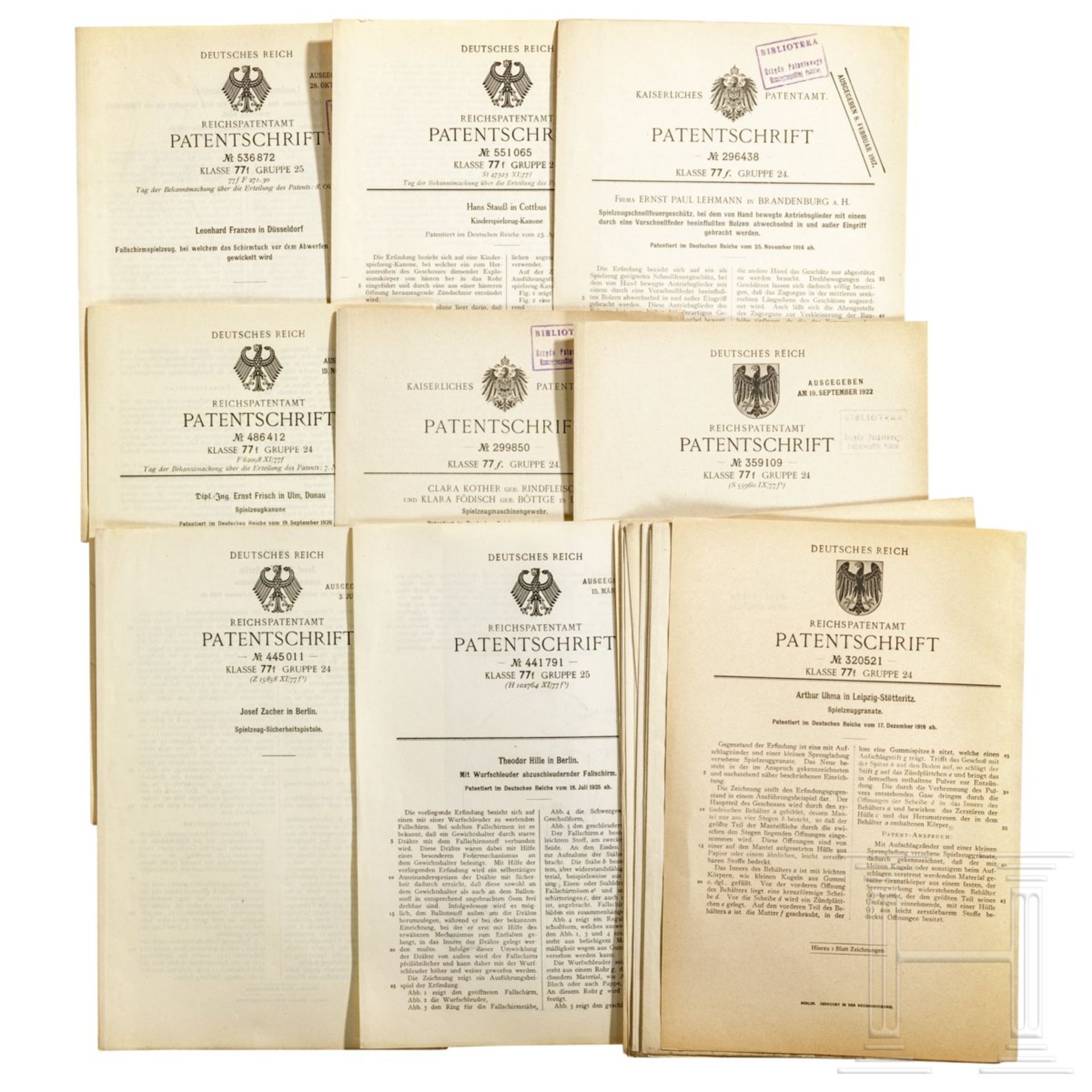 21 Spielzeug-Patentschriften von 1914-32, Reichspatentamt, mit Lehmann "Spielzeugschnellfeuergeschüt