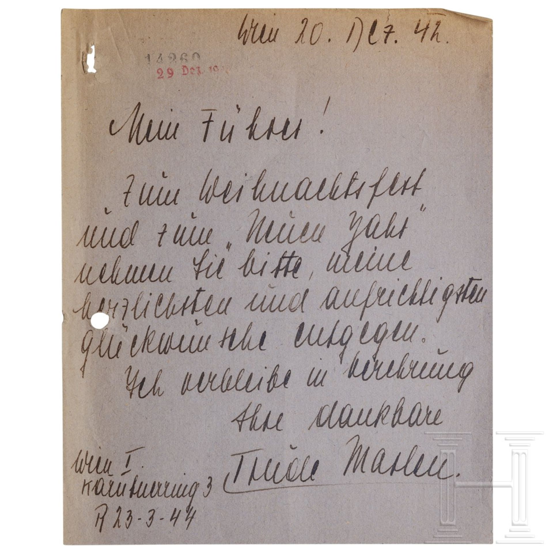 Trude Marlen - eigenhändiges Glückwunschschreiben der österreichischen Schauspielerin an Hitler zum 