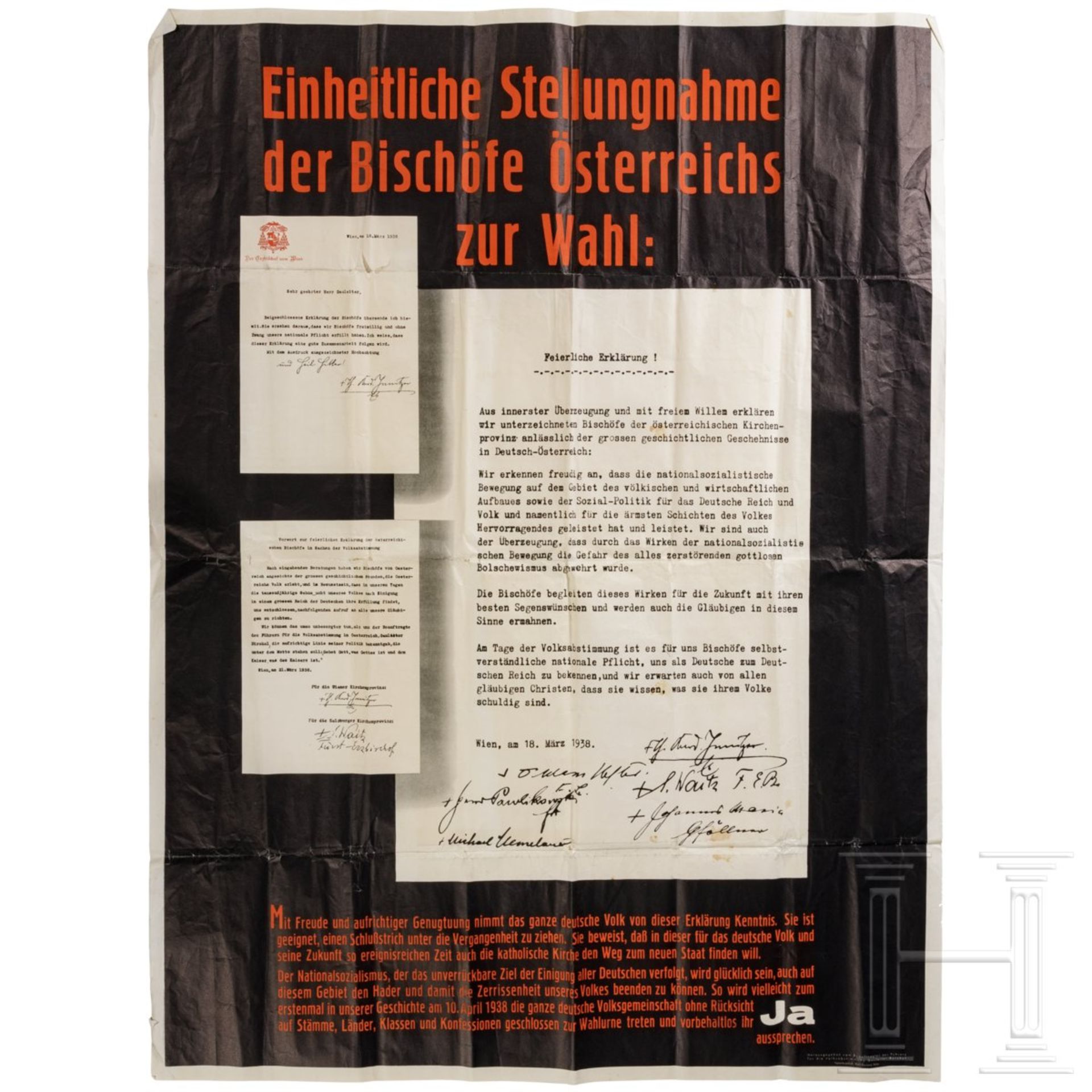 Plakat "Einheitliche Stellungnahme der Bischöfe Österreichs zur Wahl", 1938