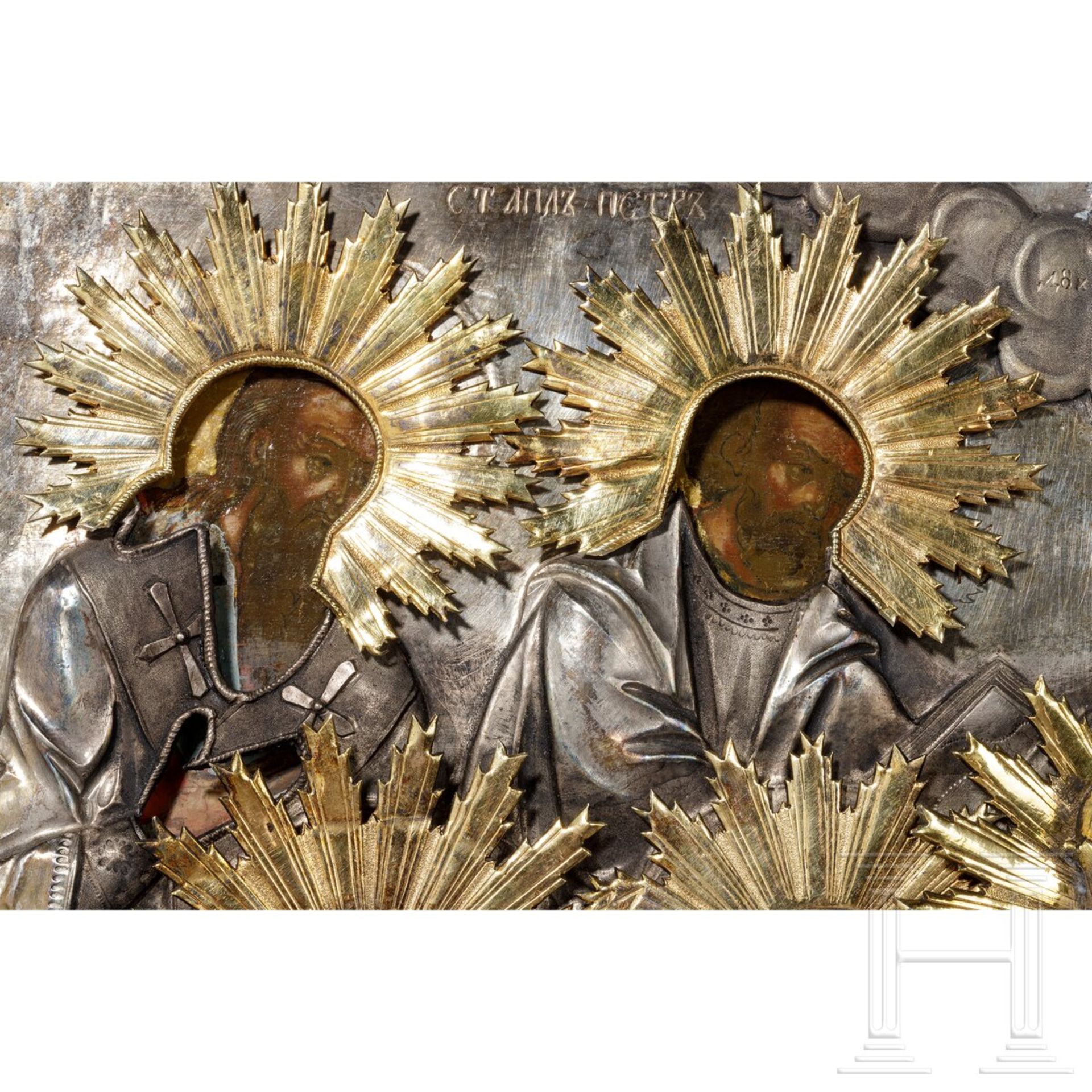 Ikone mit thronendem Christus Pantokrator und zehn Heiligen in prunkvollem silbernen Oklad, Russland - Bild 4 aus 16