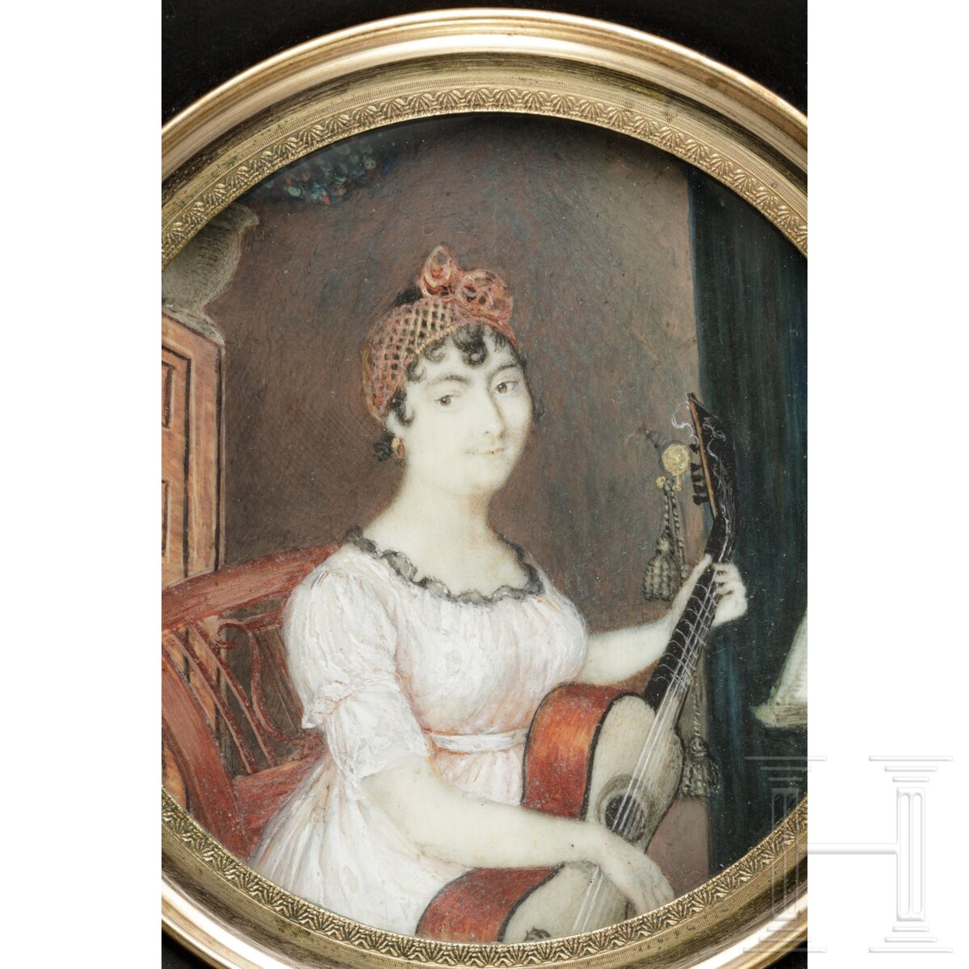 Portrait einer Musikerin mit Gitarre, Miniatur auf Elfenbein, wohl Frankreich oder Italien, um 1820 - Bild 2 aus 3