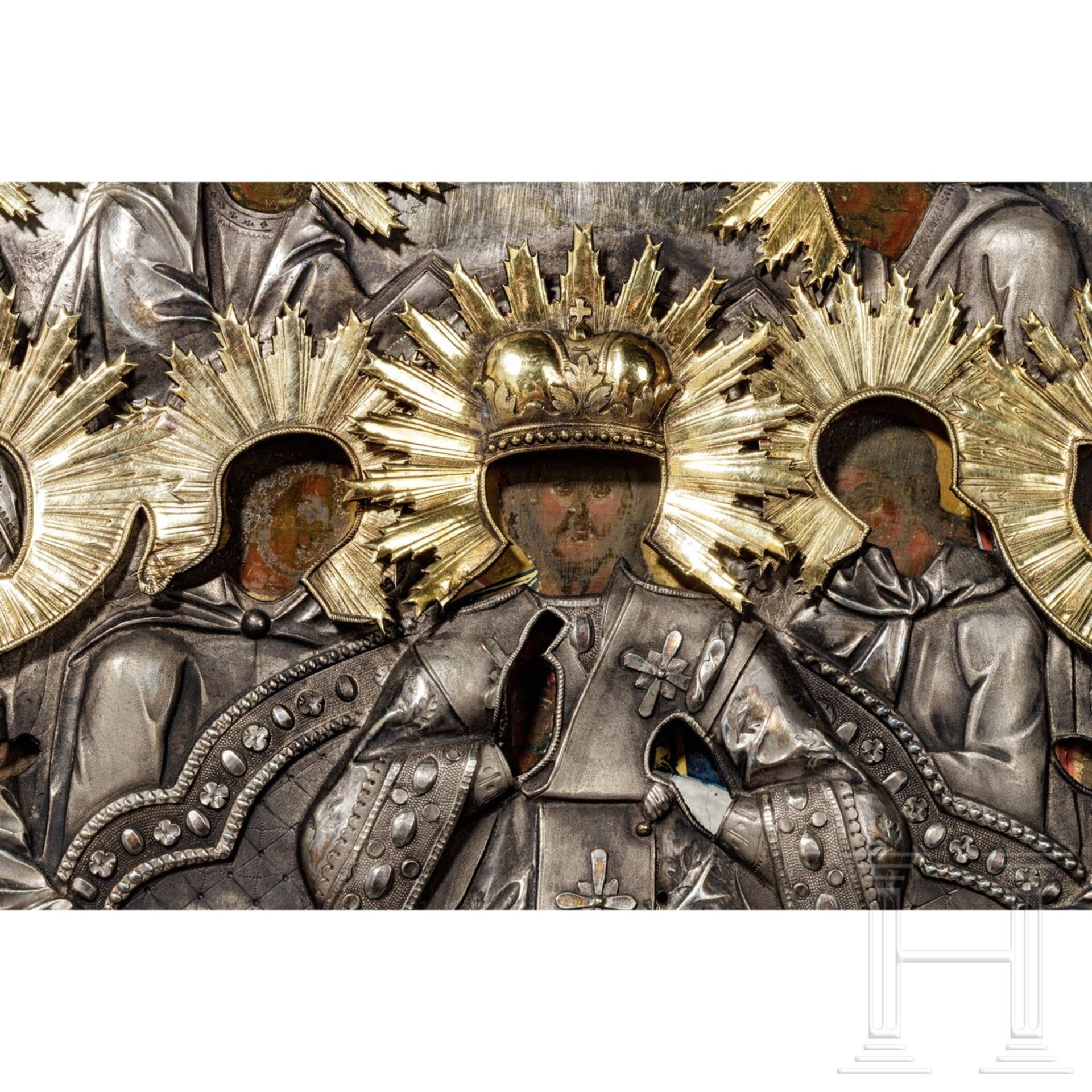 Ikone mit thronendem Christus Pantokrator und zehn Heiligen in prunkvollem silbernen Oklad, Russland - Bild 2 aus 16