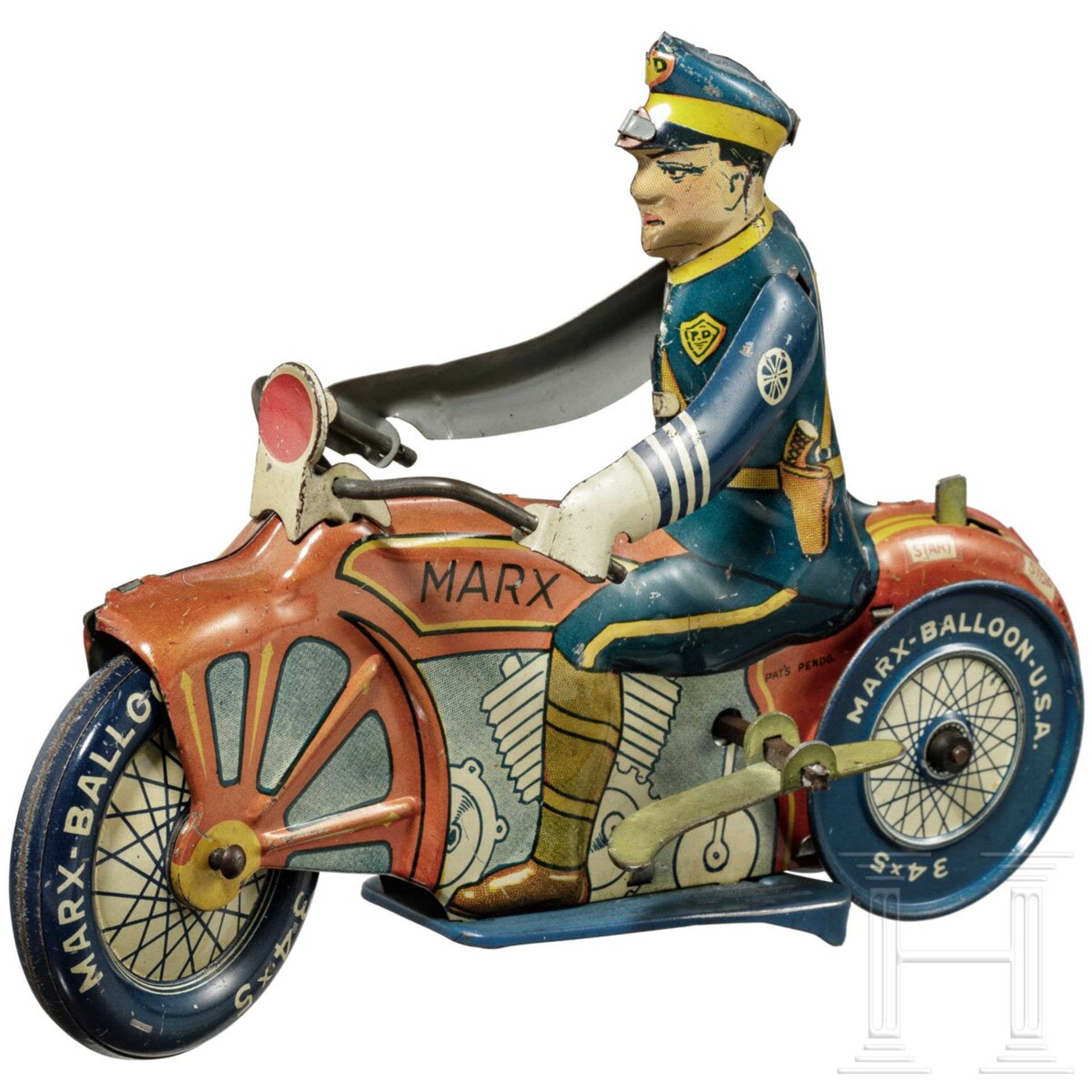 Polizei-Motorradfahrer von Marx Toys mit AufziehschlŸssel