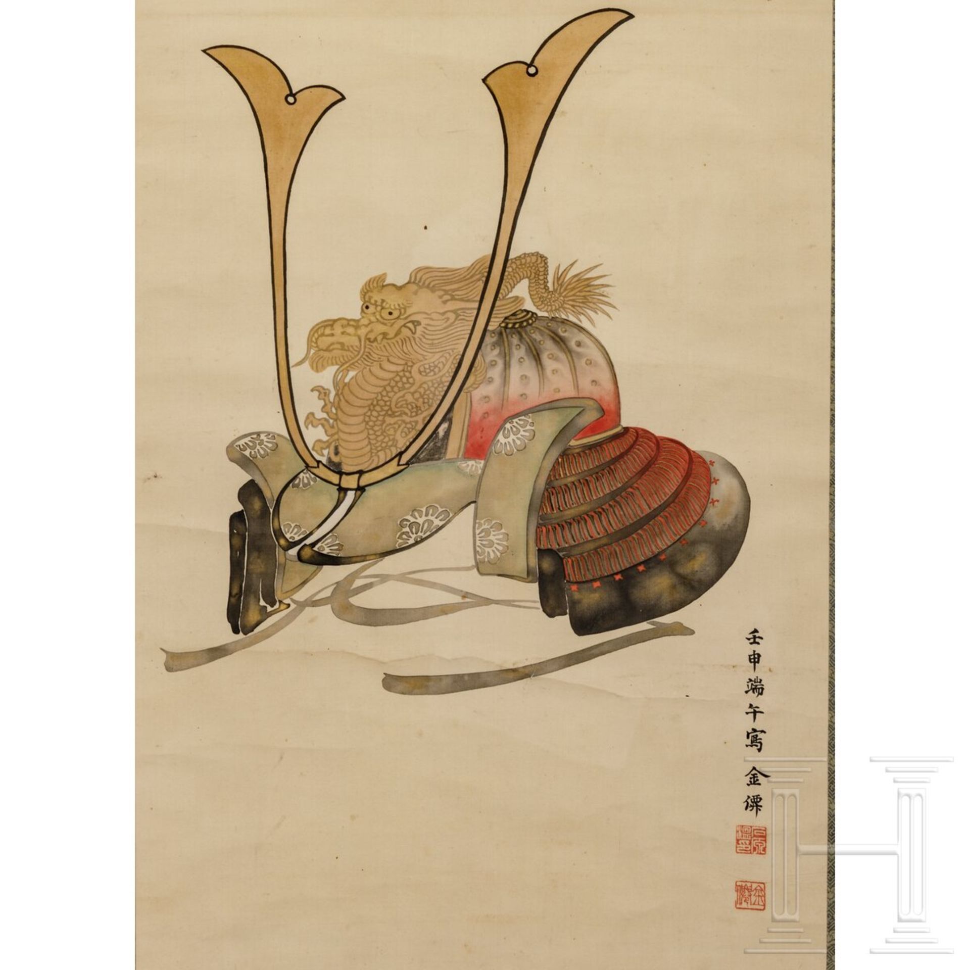 Rollbild mit Darstellung eines Helmes, Japan, Meiji-/Taisho-Periode - Bild 2 aus 2