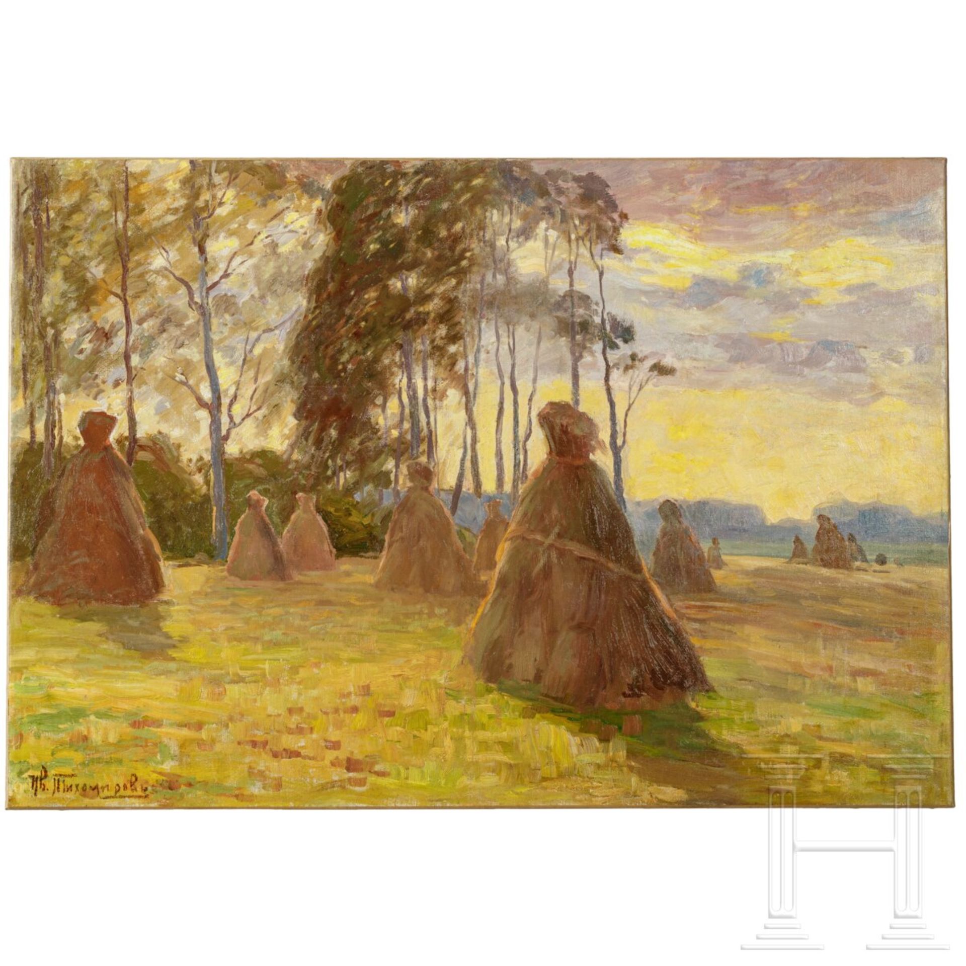 Ivan Vasilievich Tikhomirov (1867 - 1933) Ð SpŠtsommerliche Landschaft mit Heumandel, Russland, um 1