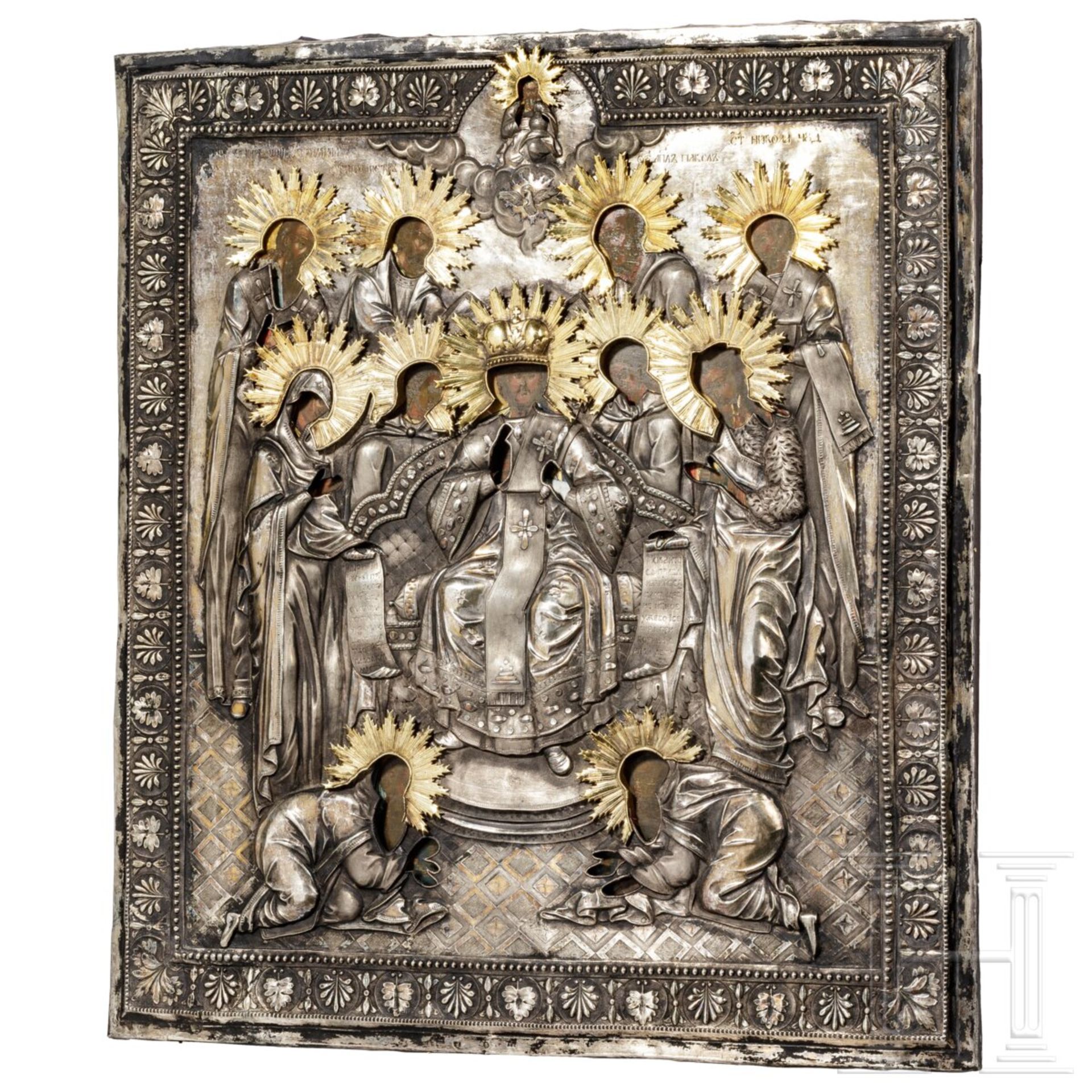 Ikone mit thronendem Christus Pantokrator und zehn Heiligen in prunkvollem silbernen Oklad, Russland - Bild 13 aus 16