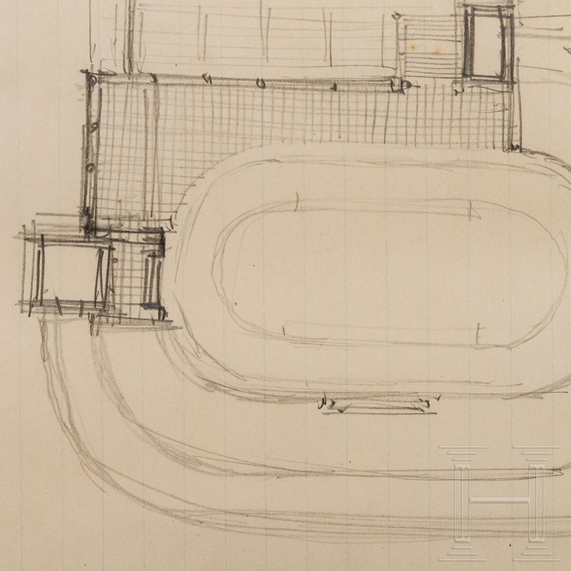 Albert Speer und Adolf Hitler - Architekturskizze "Grundriss für das Stadion in Linz", 1938 - Image 3 of 3