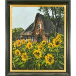 Sign. Watt, dt. Maler 2. H. 20. Jh., idyllisches Landhaus mit Sonnenblumen, Öl auf Lwd., u. re.